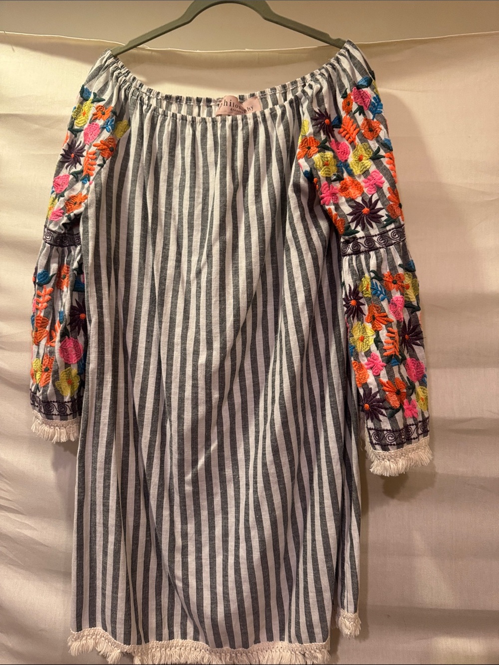Philosophy Striped Off-Shoulder Dress with Colorful Embroidered Sleeves